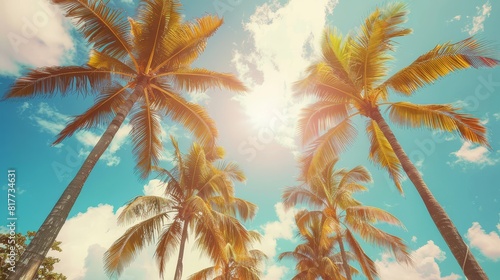 Lush palm trees under the sunny skies of Miami Beach, focus on tranquility and warmth, theme of relaxation, realistic, Multilayer, vacation hotspot backdrop