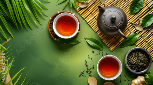 Bamboo mat with cups of tasty tea teapot and bowl 