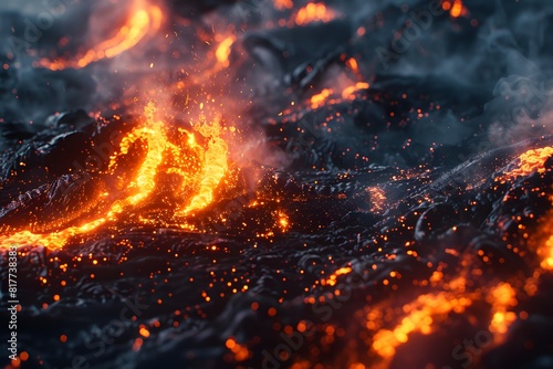 Flames rising over volcanic lava flow