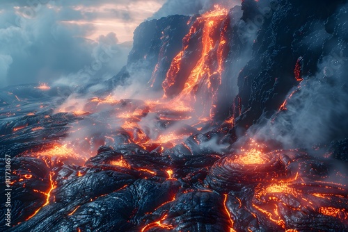 Lava streaming down a peak under a cloudy backdrop