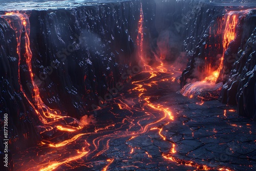 Lava streaming down a narrow cliff into a river