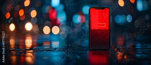 Closeup of a phone displaying a red prohibition sign, urban night scene with bokeh lights, symbolizing connectivity problems or restrictions, detailed and vibrant