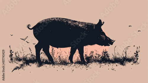 Silhouette monochrome color with pig Vector style Vector