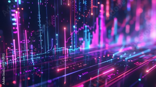 Digital financial chart with glowing holographic lines, interactive data points, and a techfocused background, futuristic, neon elements