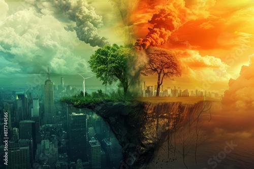 Earth split between nature and industry, psychedelic style, vibrant and surreal colors, intense environmental contrast