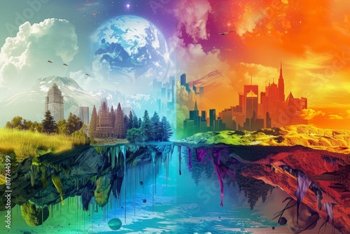 Earth split between nature and industry, psychedelic style, vibrant and surreal colors, intense environmental contrast