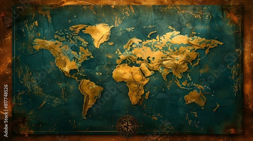 Map of the world with a compass on a blue background