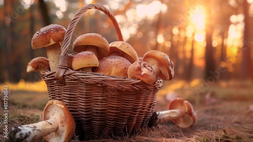 Basket Full of Mushrooms in the Forest