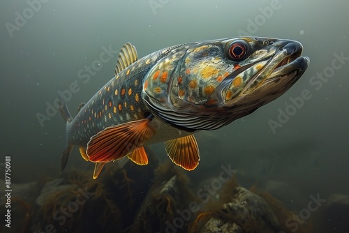 Pike fish lurking in murky waters, depicting freshwater predators. 