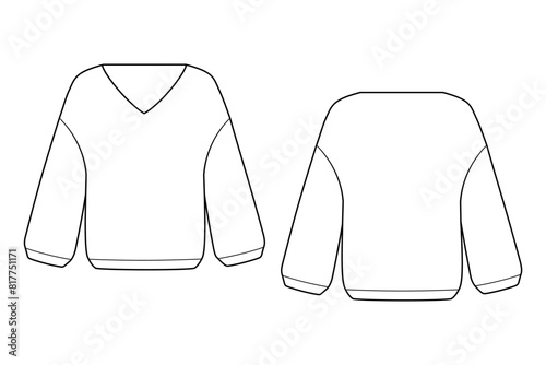 Female jumper, sweatshirt vector template isolated on a grey background. Front and back view. Outline fashion technical sketch of clothes mode
