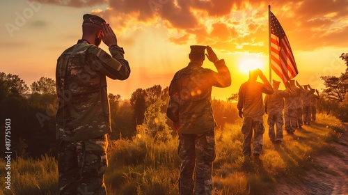 Soldiers Salute Flag at Sunset