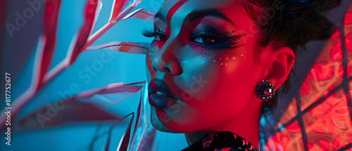 An enchanting fashion photo shoot highlighting makeup that converts the model's visage into a striking exhibit of vibrant colors and geometric designs.