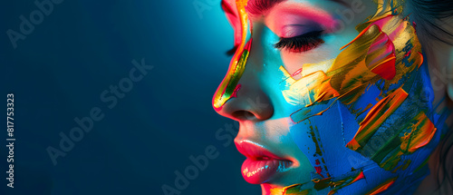 An extraordinary fashion photo shoot highlighting makeup that turns the model's face into a captivating blend of vivid colors and geometric shapes.