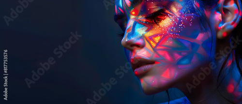 An enchanting fashion photo shoot showcasing makeup that transforms the model's face into a striking exhibit of vibrant hues and geometric designs.