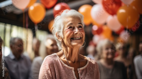 Happy Elderly Woman Enjoying a Colorful Celebration with Balloons and Friends