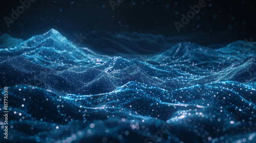 Glowing blue particles form an abstract mountain range in a digital landscape, symbolizing the vastness and depth of data against a dark background with subtle light effects.