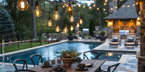 An antique pendant light with long hanging glass bulbs illuminates an outdoor dining table situated above a pool area.