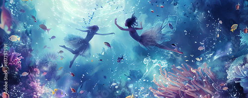 Capture the essence of surreal beauty by illustrating aerial ballet dancers performing in a dreamy underwater setting