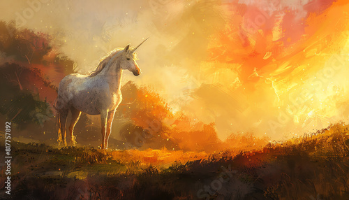 Explore an unexpected angle of a graceful unicorns profile, its horn catching the last rays of a sunset in a watercolor-inspired animation, highlighting its ethereal essence