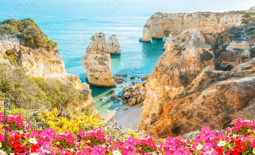 Algarve, Portugal - Panoramic view of cliffs in the beautiful Marinha beach - Summer vacation travel