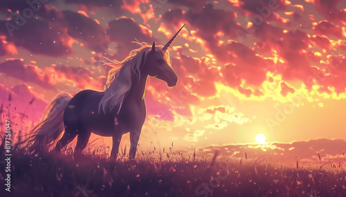 Explore an unexpected angle of a graceful unicorns profile, its horn catching the last rays of a sunset in a watercolor-inspired animation, highlighting its ethereal essence
