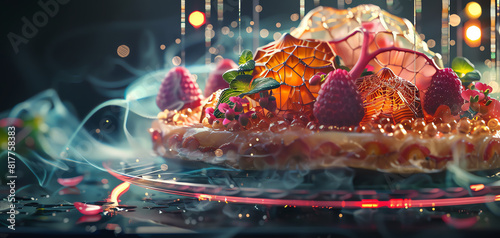 Capture the groundbreaking fusion of AI technology and culinary art, showcasing intricate algorithms interwoven with vibrant gastronomic creations in a photorealistic CG 3D style