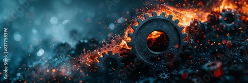 Dynamic close up synchronized gears spinning with sparks on blurred background, space for text