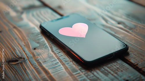 A mobile phone with a pink heart on the screen. The phone is lying on a wooden table. The background is blurred.
