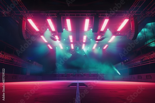 A concertready football stadium, empty yet vibrantly set with stage lights and holographic speakers, poised for a futuristic event with designated copy space