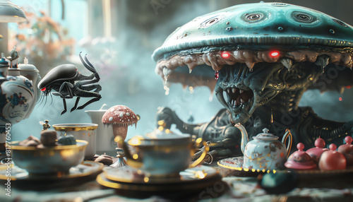 Infuse imagination into a digital masterpiece depicting a side view of an alien invasion overtaking a serene vintage tea party scene