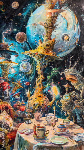 Capture the clash of worlds in a detailed oil painting of an alien invasion interrupting a classy vintage tea party