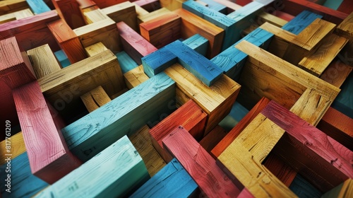 Vibrant geometric wooden maze viewed from above, featuring narrow paths lined with colorful blocks and cubes, close up on pattern complexity, dynamic, Blend mode, modern gallery backdrop