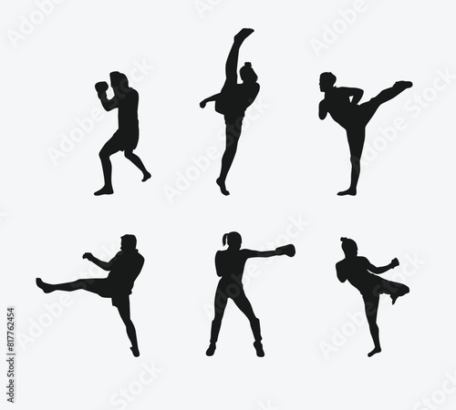 Muay Thai, kickboxing vector silhouettes set on white background. Different action, pose. Martial arts, sport. Graphic illustration.