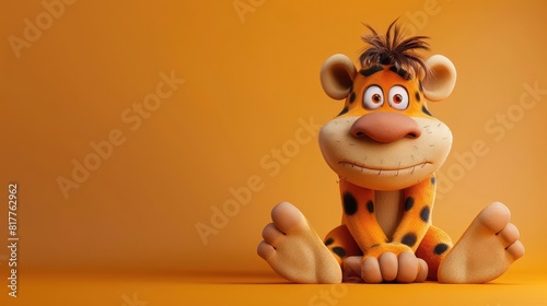 A captivating 3D portrayal of a cheerful cartoon character inspired by Fred Flintstone, sitting with a happy expression on a bright orange background, ideal for animations, playful designs
