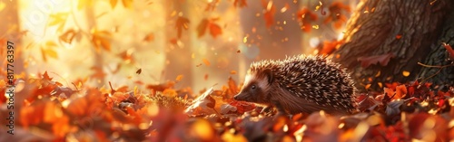 A hedgehog is sitting on the ground in a pile of autumn leaves. Scene is peaceful and serene, as the hedgehog seems to be enjoying the fall season