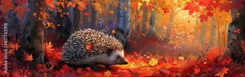 A hedgehog is walking through a forest of autumn leaves. The leaves are falling from the trees, creating a colorful and serene atmosphere