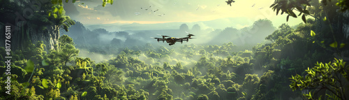 Craft a dynamic CG 3D animation portraying a drones perspective as it hovers over a pristine landscape teeming with life Integrate elements of ecological conservation seamlessly in