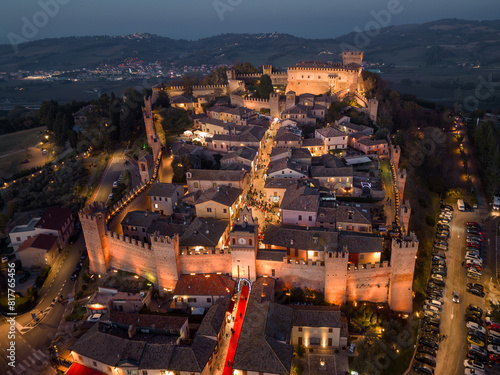 Aerial view of Gradara at night in the Christmas period