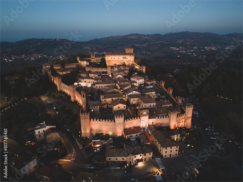 Aerial view of Gradara at night in the Christmas period