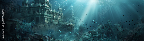 Deliver a photorealistic depiction of architectural wonders submerged in mesmerizing underwater realms, capturing unexpected camera angles that play with light and shadow