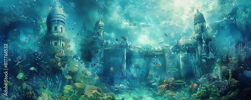 Immerse viewers in the ethereal beauty of underwater worlds crafted in vivid watercolors, showcasing surreal marine life intertwining with ancient architectural wonders