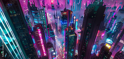 Illustrate a wide-angle view of a dystopian cityscape with towering buildings coated in neon lights