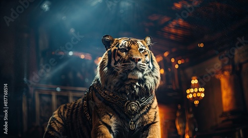 Majestic Tiger Performing Tricks in Circus Arena - Stunning Close-Up Photography