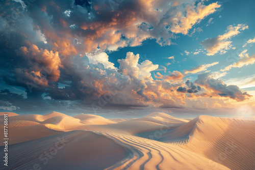 A majestic desert landscape with towering sand dunes and a dramatic sky filled with clouds.