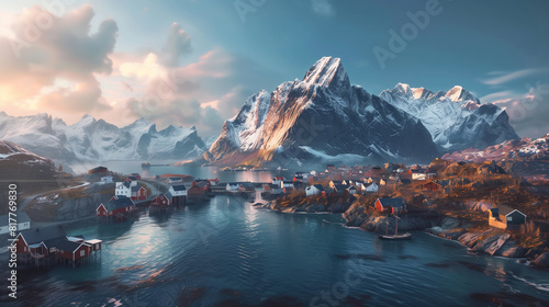 village of Reine in Lofoten, Norway with the majestic mountains and fjords behind it. A beautiful evening light is shining on them, shot from above in the hyper realistic, cinemati