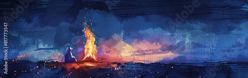 Watercolor illustration of a cowboy campfire at sunset in the Wild West, with the flames flickering against a backdrop of deepening blues and purples --ar 19:6 Job ID: b8a51165-1668-4e86-8019-b360c30e