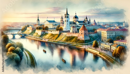 watercolor painting featuring significant landmarks of Vilnius, Lithuania, including Gediminas' Tower, Vilnius Cathedral, Gates of Dawn, and the Church of St. Anne. 