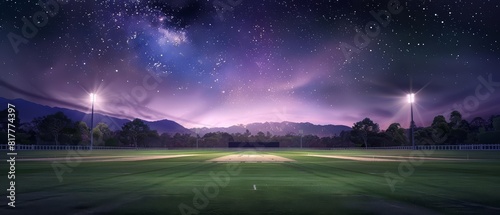 An iconic cricket ground under a starry sky, with the pitch glowing softly from embedded lighting, providing a serene and empty scene with ample copy space