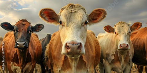 Curious cows staring directly at camera with ultra wide angle lens. Concept Wildlife Photography, Animal Portraits, Close-up Encounters, Unique Perspectives, Rural Scenes