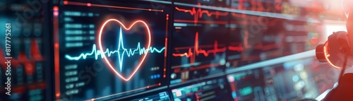 Closeof cardiology with Glow HUD big Icon of heartbeat, showing a cardiologist assessing cardiac rhythms, in luxury color, blur background of a heart monitoring station